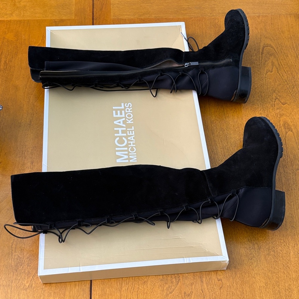 Michael Kors Skye Black Suede Knee High Boots (with a lace up back.)